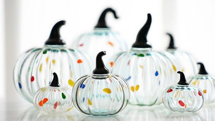 Set of four hand painted glass pumpkin shaped jars with black lids isolated on transparent background