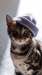 Stylized Orange Kitten with Tattoos, Purple Beanie, and Silver Chain in Spotlight Performance Setting