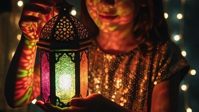Enchanting Child Holding Decorative Lantern with Colorful Patterns at Home