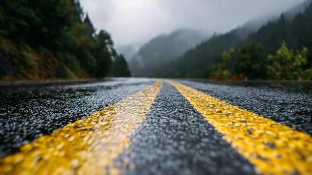 Rain-soaked road stretches ahead with vibrant yellow lines glistening under droplets, showcasing a winding path through a misty forest landscape with blurred mountains in the background