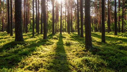 Sunlight filters through tall pine trees creating long shadows on a mossy forest floor in Northern Europe during summer