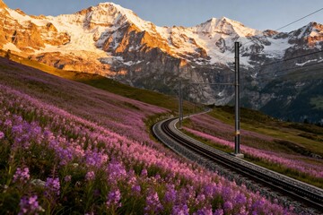 A railway track winds through a vibrant field of purple flowers with snow-capped mountains in the background during golden hour.