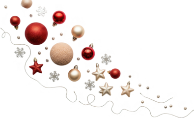 Assortment of festive red and gold Christmas ornaments sparkling snowflakes and decorative pearls artfully arranged in a dynamic swirl red ornaments gold ornaments transparent background