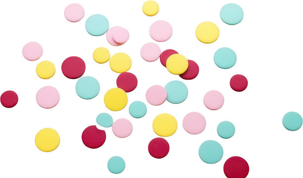 A scattered collection of colorful circular discs in pastel pink yellow and teal hues confetti circle round dot celebration party birthday festive cheerful transparent background