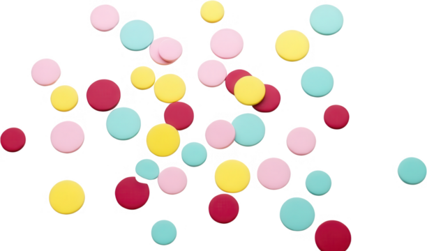 A scattered collection of colorful circular discs in pastel pink yellow and teal hues confetti circle round dot celebration party birthday festive cheerful transparent background - Powered by Adobe