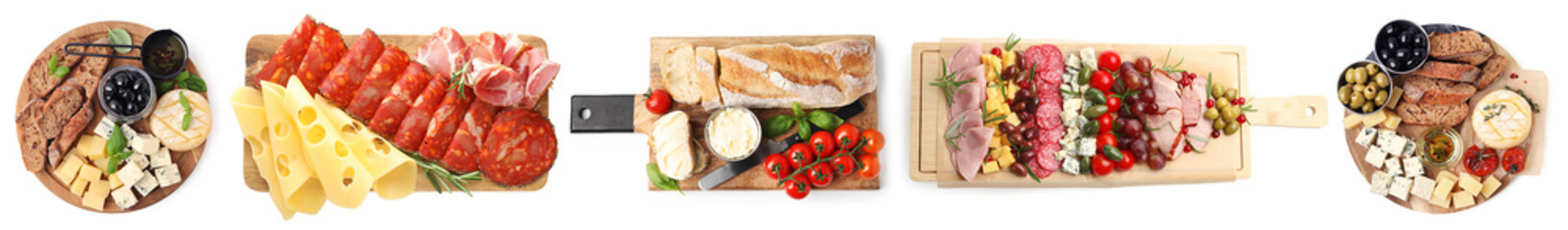 Different appetizers served on wooden boards isolated on white, set