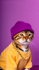 Stylized Orange Kitten with Tattoos, Purple Beanie, and Silver Chain in Spotlight Performance Setting