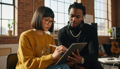 Young diverse creative team of an Asian woman and Black man collaborating on a digital project using a tablet and stylus in a sunny modern loft studio with musical instruments.