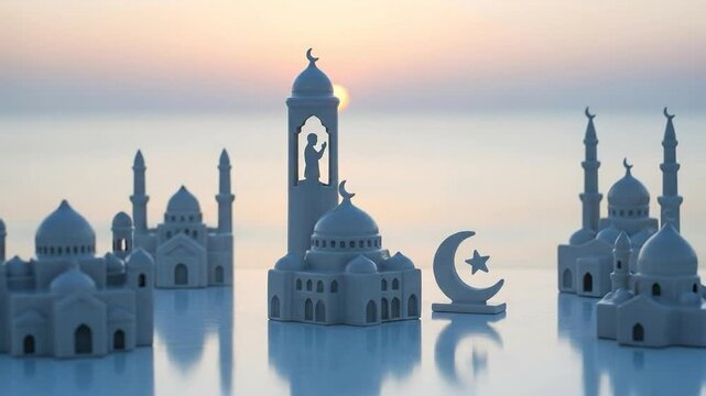 Serene White Mosque Models Displayed Against Sunset for Home Decor or Events