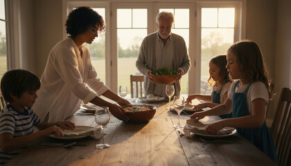 Multi-generational family setting the wooden dining table for a meal together at home during golden hour, with mother placing food and grandfather bringing salad.
