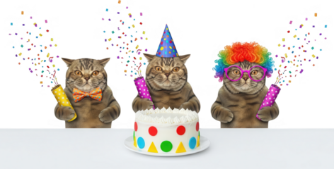 Three party cats celebrating with confetti poppers and a festive cake one wearing a party hat another a colorful wig and glasses birthday celebration funny transparent background