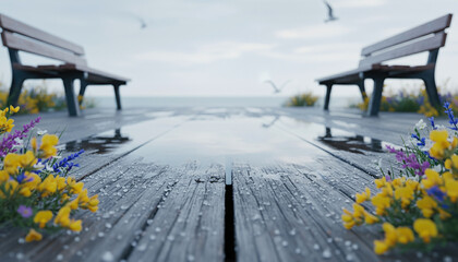 Low angle view of a wet wooden boardwalk with puddles and colorful wildflowers after rain, featuring benches and seagulls in the blurred background