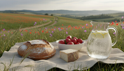 A rustic picnic set on a linen cloth in a blooming meadow with sourdough bread, strawberries, cheese, and a fresh lemon water pitcher against a scenic landscape of rolling hills.