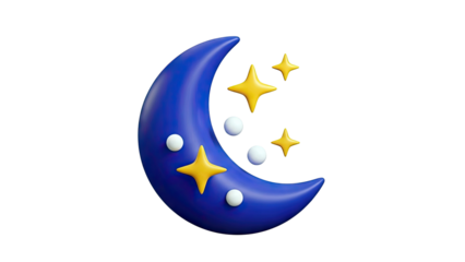 3D Crescent Moon with Stars and Orbs