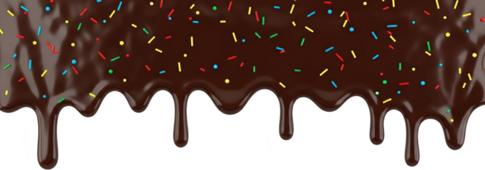 Rich melted dark chocolate dripping with colorful festive sprinkles a decadent sweet confectionery treat melting dessert candy food gourmet decoration transparent background
