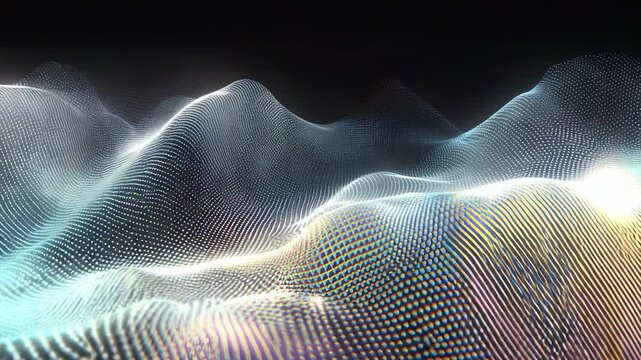 Abstract 3D render of a glowing digital terrain with luminous points and smooth waves, symbolizing modern technology and virtual environments. Ideal for backgrounds, presentations, and tech projects