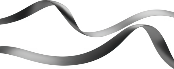 Two flowing wavy silver ribbons with subtle metallic sheen curve gracefully in composition creating dynamic visual interest modern abstract design element transparent background