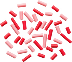 Scattered red and pink rod shaped sprinkles with rounded ends a sweet confectionery topping candy cake decorating baking dessert sugar food small colorful transparent background