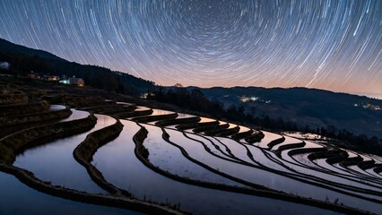 Star trails over terraced rice fields at night, reflecting in water under a dark sky