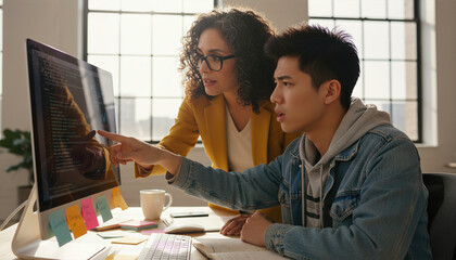 Two diverse colleagues, a woman and a young man, collaborate closely while reviewing code on a bright computer monitor in a modern office.