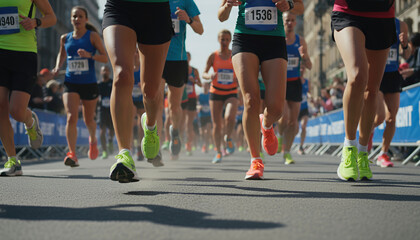 Close-up view of runners' legs and feet competing in a city marathon race on a sunny day.