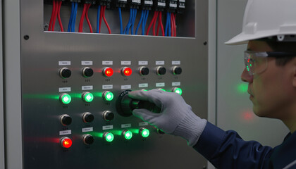 Industrial technician in hard hat adjusting a control panel with illuminated green and red indicator lights.