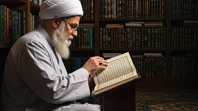 Elderly Man Reading Religious Text in Library Setting - Traditional Islamic Literature and Spirituality