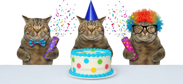 Three festive cats celebrate with a birthday cake party hats confetti and poppers exuding joy and merriment celebration happy fun animal pet cute feline transparent background - Powered by Adobe