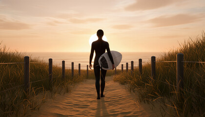 Rear view of a female surfer in a black wetsuit carrying her surfboard while walking down a sandy path towards the ocean during a golden sunset.