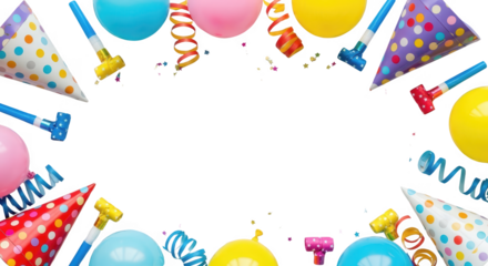 Colorful party hats balloons noisemakers and streamers arranged in a celebratory border festive theme celebration birthday confetti happy event joy cheerful transparent background