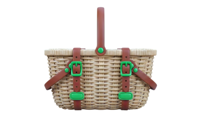 Wicker Picnic Basket with Leather Straps and Green Buckles