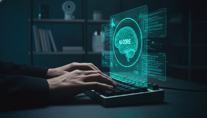 Close-up of hands typing on a mechanical keyboard with a futuristic holographic interface displaying a digital brain and AI Core text in a dark environment.
