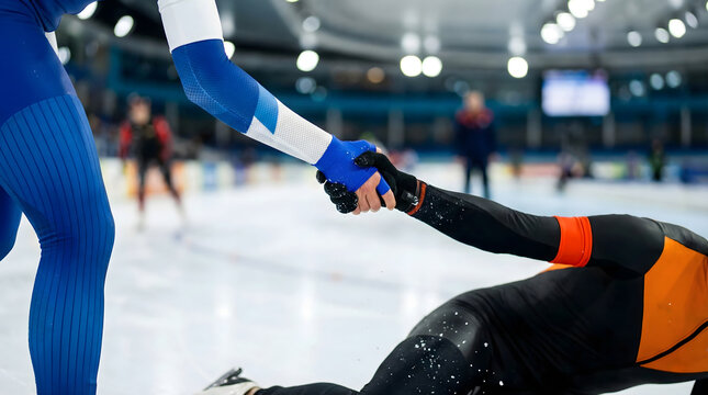 Speed skater offering helping hand to fallen athlete on ice rink. Sportsmanship and teamwork concept showing support during winter competition