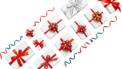 Assortment of white gift boxes with various red and gold ribbons and festive streamers presents bow celebration surprise holiday wrapping christmas birthday transparent background
