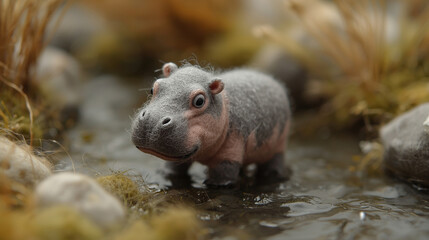Tiny cute African baby hippopotamus, needle felted wool