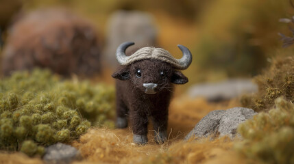 Miniature cute African buffalo calf, needle felted wool