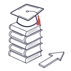 Stack of books with graduation cap and upward arrow illustration  