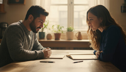 Fototapeta premium A young couple sitting at a wooden table across from each other, focused on writing in their notebooks during a serious conversation or study session at home.