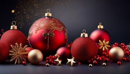 Red Christmas Ornaments With Glitter And Gold Embellishments On Dark Background
