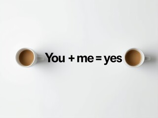Minimalist Valentine's Day 2026 love equation with two coffee cups symbolizing couple connection. Clean romantic concept represents togetherness and agreement for modern relationship celebrations.