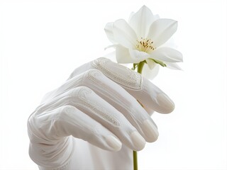 Elegant vintage lace gloves holding pristine white lily for Valentine's Day 2026. Timeless romantic gesture combines classic refinement with pure devotion for luxury celebration concepts.