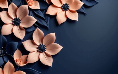 peach and navy flowers on dark blue banner copyspace concept of events, beauty
