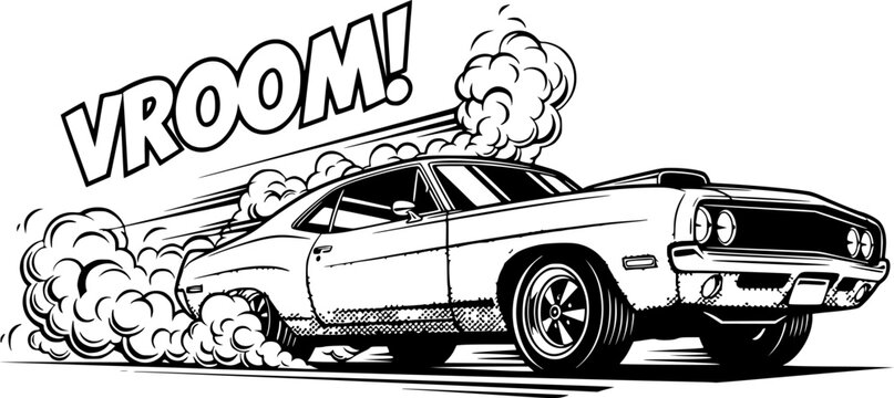Stylized muscle car speeding with vroom sound effect and tire smoke in black and white illustration editable vector
