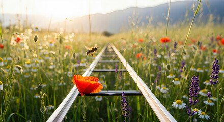 Close-up of a honeybee flying near a red poppy and metal rails in a lush wildflower meadow with daisies and lavender during a golden sunset