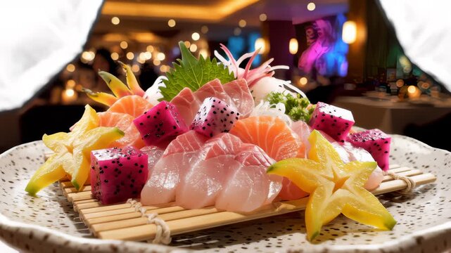 Colorful Assortment of Sashimi Pieces Arranged on Serving Plate