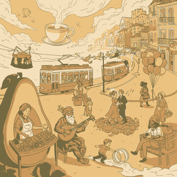 People enjoying a vibrant street scene with music and food.