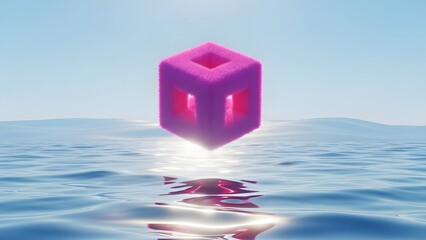 A vibrant pink abstract cube with cutouts floating above rippling blue water under a clear sky, reflecting light.