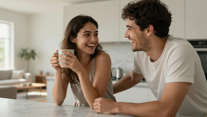 Fototapeta premium Young Couple Sharing Morning Coffee in Sunlit Modern Kitchen