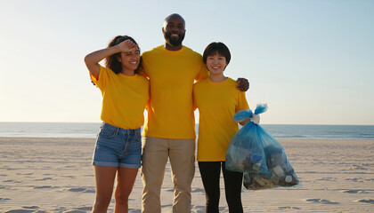 A diverse group of happy volunteers in yellow t-shirts standing on a beach with a bag of collected trash during a sunset cleanup event.