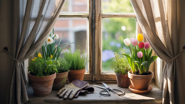 Plants sit on a windowsill with gardening tools nearby during sunny spring weather